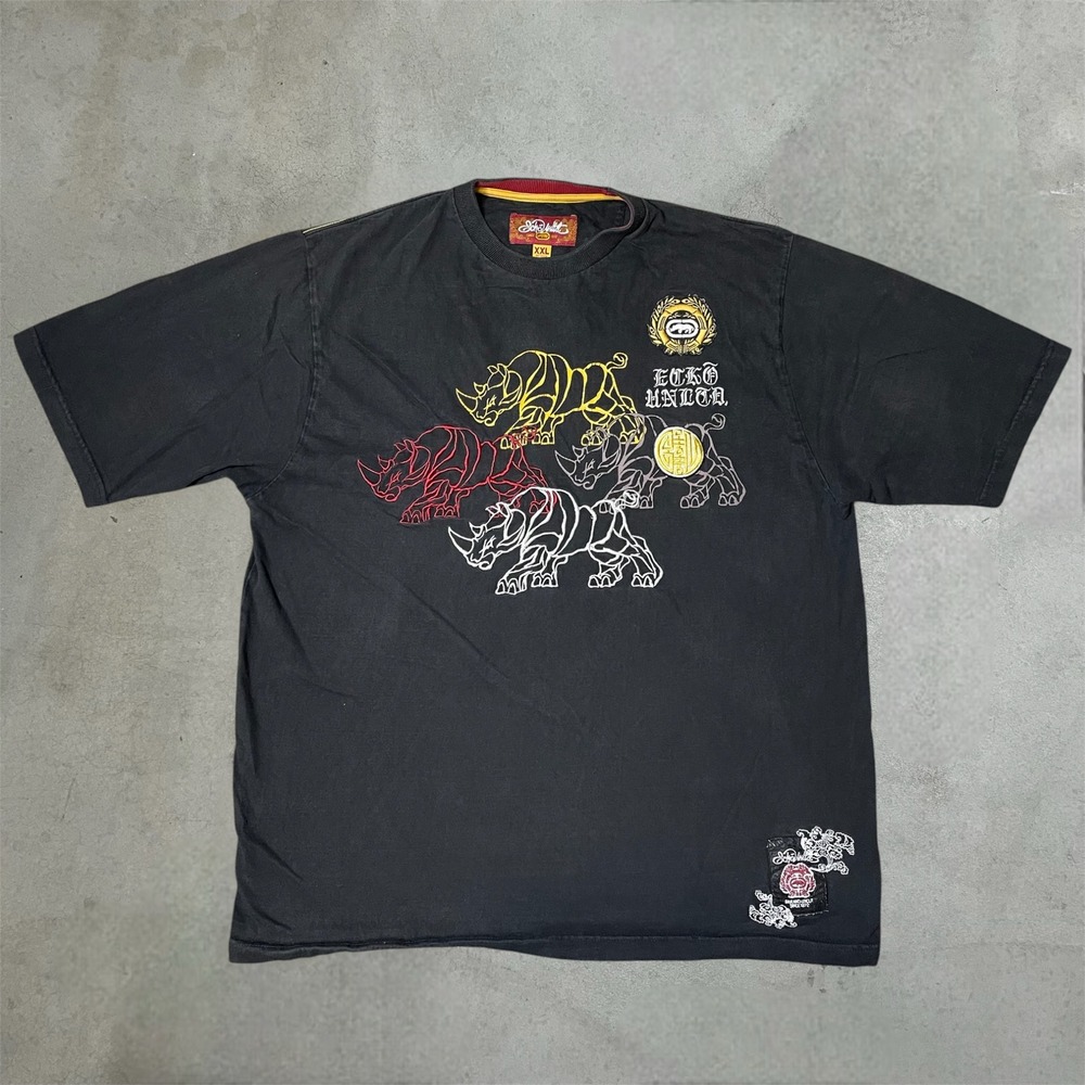 Ecko Unltd T-Shirt Mens XXL Black Y2K Streetwear Rhino Graphic Embroidered Logo